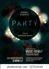 Dark eclipse party invitation poster or flyer template design with glowing glitter effects