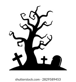 A dark, eerie cemetery scene featuring a leafless, twisted tree and old tombstones, creating a spooky atmosphere suitable for Halloween themes.