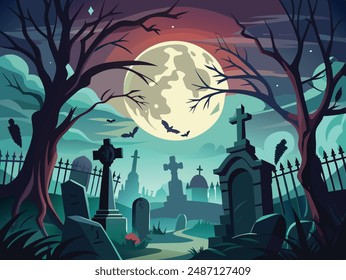 A dark, eerie graveyard under a full moon, with mist swirling around tombstones and silhouettes of bats flying in the background.