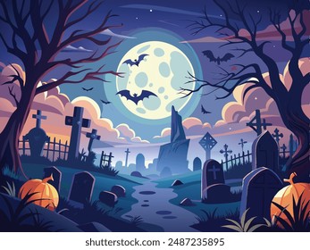 Ein dunkler, unheimlicher Friedhof bei Vollmond, auf dem Grabsteine und Silhouetten von Fledermäusen im Hintergrund vernebelt werden.