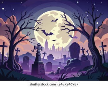 A dark, eerie graveyard under a full moon, with mist swirling around tombstones and silhouettes of bats flying in the background.