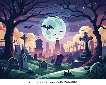 A dark, eerie graveyard under a full moon, with mist swirling around tombstones and silhouettes of bats flying in the background.