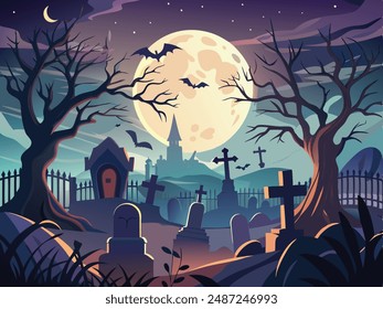 Ein dunkler, unheimlicher Friedhof bei Vollmond, auf dem Grabsteine und Silhouetten von Fledermäusen im Hintergrund vernebelt werden.