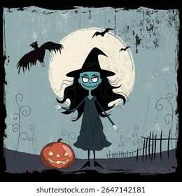 Ilustração de Halloween sombria e misteriosa com uma bruxa assustadora com pele azul, cabelo preto longo, um vestido preto e chapéu, de pé perto de uma abóbora esculpida