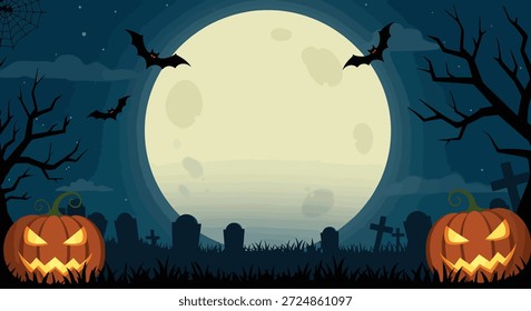 Eine dunkle, unheimliche Halloween-Szene mit zwei geschnitzten Jack-o'-Laternen, silhouettierten nackten Bäumen, fliegenden Fledermäusen und Grabsteinen gegen einen großen, glühenden Vollmond.