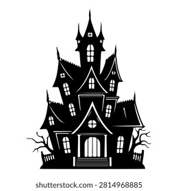 A dark, eerie haunted house featuring gothic architecture, surrounded by leafless trees, creating a spooky Halloween atmosphere.