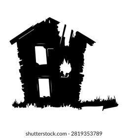 A dark, eerie illustration of a dilapidated haunted house with broken windows and a flickering flame, evoking a spooky, mysterious atmosphere.