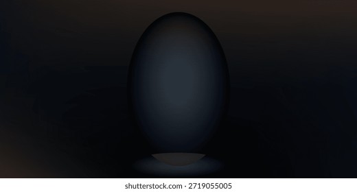 Un objeto oscuro en forma de huevo se encuentra sobre un pedestal, iluminado por una iluminación tenue y atmosférica.