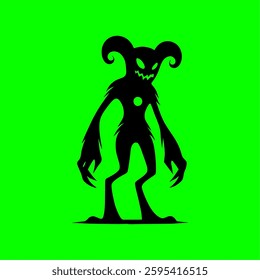 Dark Eldritch Horror Silhouette with Tentacles and Glowing Eyes on Neon Green Background