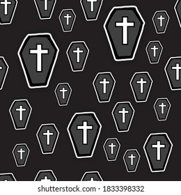 Dark Elegance Pattern: Infuse dark elegance into your designs with this seamless pattern. The thin white outline of black coffins and white crosses creates a visually compelling and mysterious design