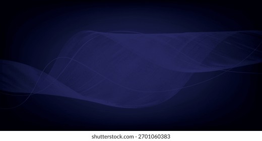 A dark, elegant abstract background in deep navy blue and black, featuring subtle, translucent, flowing waves and a smooth, modern gradient with a soft vignette.