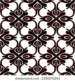 Dark and elegant black and white damask pattern on a white background, featuring art deco inspired motifs and floral elements.