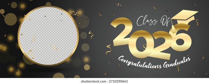 Dark elegant Class of 2026 banner featuring a circular gold frame and sparkling premium design elements
