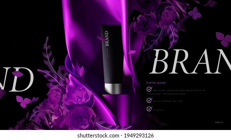 Dark elegant cosmetic product branding ad layout template with elegant realistic cloth and beautiful floral, roses, feather illustration vector