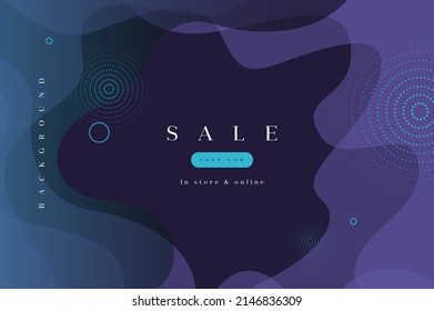 Dark elegant digital design for banner with wavy transparent purple and blue figures and corcles on the bkack background