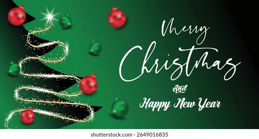 Dark elegant holiday banner with illuminated Christmas tree made of golden garland