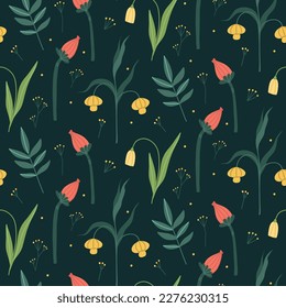 Patrón oscuro y elegante con tulipanes amarillos, farolillos chinos, flores rojas y ramas verdes