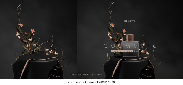 Темная элегантная сцена подиума для презентации продукта с реалистичным декоративным стилем натюрморта с цветами и ветвями. профессиональный шаблон размещения показа продукта