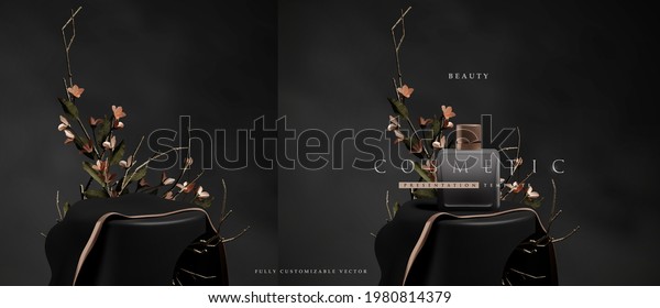 Dark elegant podium\
scene for product presentation with realistic decorative flowers\
and branches still life style. professional product display\
placement template