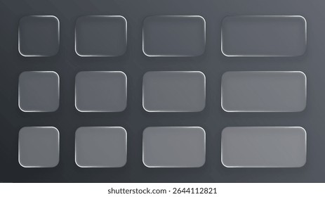 Dark elegant realistic liquid glass frames mockup set. Modern ui interface button or infographic element concept for graphic design.