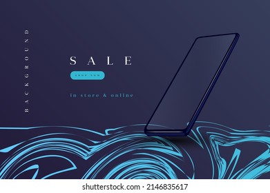 Dark elegant vector design for banner with mobile phone and curve thin lines like waves on the black background