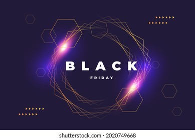 Dark elegant vector design with figure from thin golden lines and sparkling and lettering black Friday on the black background