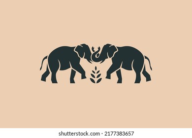 Dark elephants with intertwined trunks. Vector illustration with stamp effect. Stylized animals for logo design, packaging, and labels. 