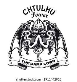 Dark emblem with Cthulhu head vector illustration. Retro sign or sticker with ancient octopus with wings from ocean. Horror and mythology concept can be used for sticker and badge
