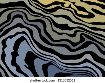 Dark embossed background. Ultraviolet wavy stripes pattern. Background of black and blue-yellow winding lines. Illusion 3d image