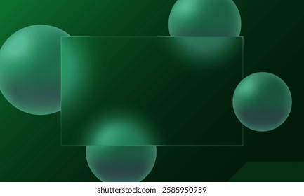 Dark emerald background and spheres with a rectangular plate of transparent material in the center, with space for text.