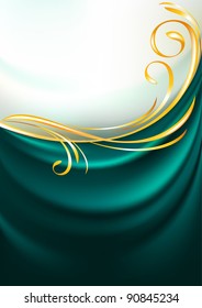 Dark emerald fabric curtain, background. Gold vignette