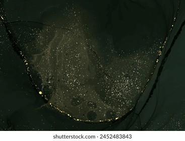 fondo de tinta de alcohol verde esmeralda oscura con Elementos de brillo dorado