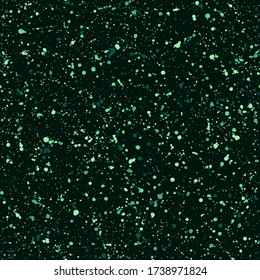 Dark, emerald neon green paint splash, spray, uneven dots seamless repeat vector pattern. Blobs, blots, spots texture. Chaotic paint splatter, spatter, flecks, specks hand drawn background.