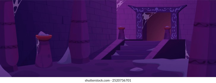 A dark empty dungeon with remnants of ash and cobwebs. Abandoned dusty castle. Ancient architecture. Brick walls, columns, stairs. Horizontal game background. Cartoon style. Vector illustration.