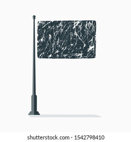 Dark empty flag template on flagpole, flag with scratches in vector
