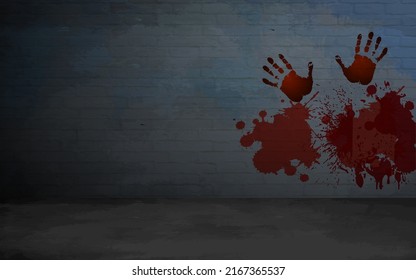 Dark Empty Grunge Concrete Brick Room Background 3D Rendering Illustration with bloody handprint.