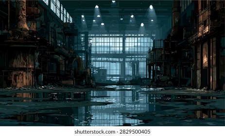 Dark, Empty Industrial Factory Hallway with Water Reflections