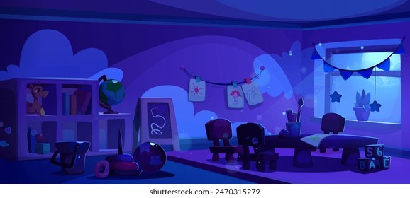 Dark empty kindergarten interior at night. Cartoon vector preschool classroom with furniture and children toys under moonlight from window. Room inside with table and chairs, cabinet and kids drawings