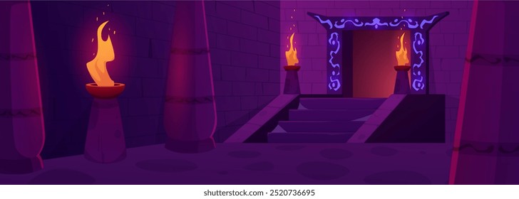 Dark empty mysterious dungeon with burning fire and magic symbols above the entrance. Stonework, columns, stair. Ominous atmosphere. Game background. Cartoon style. Vector illustration.