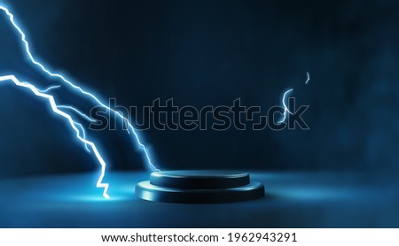 Dark empty podium scene for product presentation with blue dramatic glowing lightning strike vector
