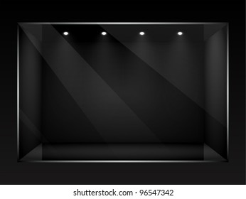 Dark empty show window of shop. Vector illustration.