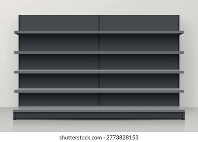 Dark empty store shelf rack mockup front. Front view Product shelves counter design