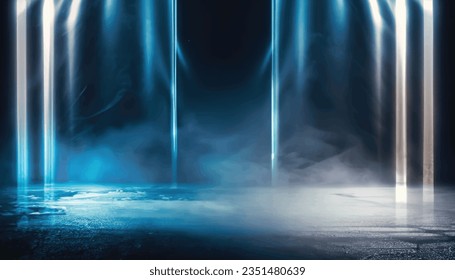 A dark empty street, dark blue background, an empty dark scene, neon light, spotlights The asphalt floor and studio room with smoke float up the interior texture. night view Vector Illustration