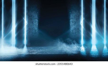 A dark empty street, dark blue background, an empty dark scene, neon light, spotlights The asphalt floor and studio room with smoke float up the interior texture. night view Vector Illustration