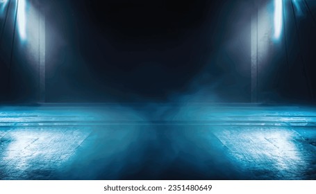 A dark empty street, dark blue background, an empty dark scene, neon light, spotlights The asphalt floor and studio room with smoke float up the interior texture. night view Vector Illustration