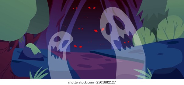 Dunkler verzauberter Wald mit gespenstischen Figuren. Vektorgrafik von unheimlichen Bäumen, leuchtend roten Augen und unheimlichen Geistern, die zwischen den Blättern treiben. Ideal für Halloween-Themen.