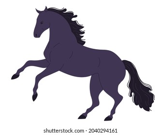 Dark energetic horse with its front hooves raised on its hind legs