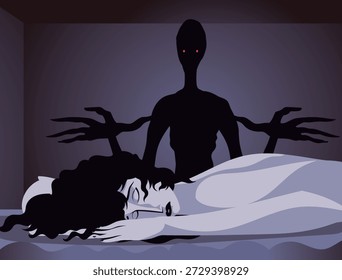 dark entity apparition while a woman sleeps in her room