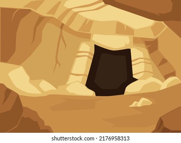 Dark entrance of yellow-brown stone cave flat style, vector illustration. Rocky cave landscape, empty nature place, shadows, blank dark mystery tunnel