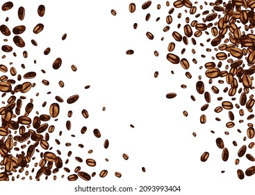 Dark EspressoCoffee Organic Vector White Background. Realistic Grain Banner. Brown Sketch Seed Illustration. Graphic Arabic Pattern.